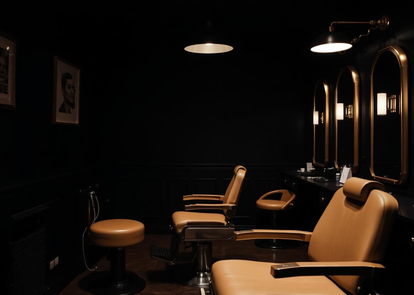 Noir Barber Studio iç mekânı — koyu tonlarda oturma alanı
